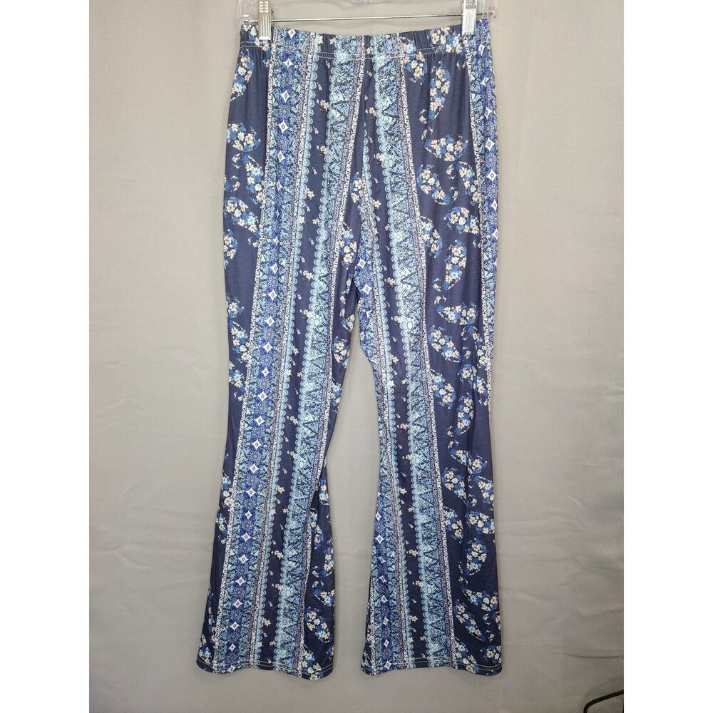 Women’s Navy Blue Floral Stripe Wide-Leg Cotton Pants